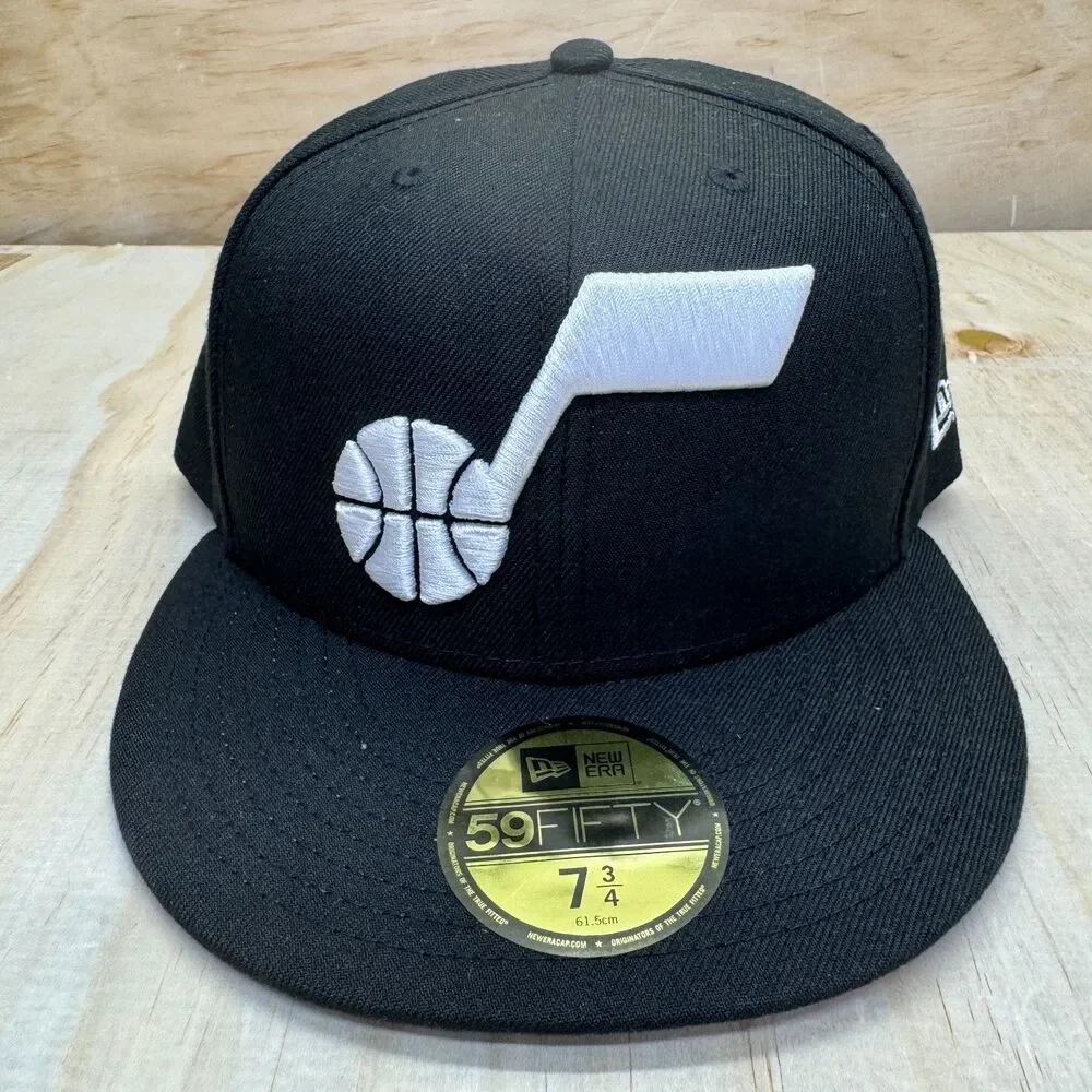 NEW Utah Jazz New Era Black 59FIFTY Fitted Hat Cap Black White sz 7 3/4